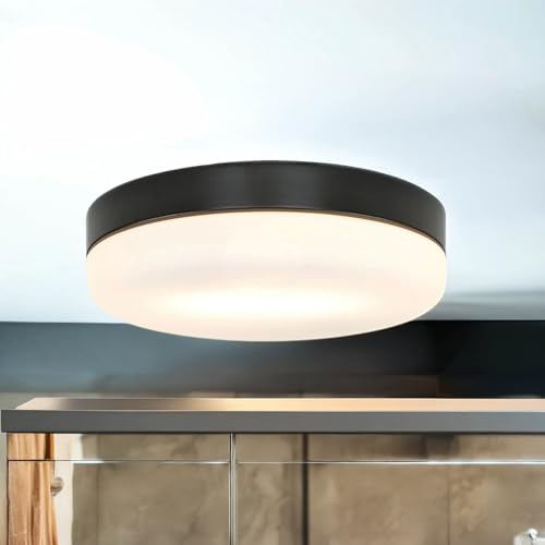 Licht-Erlebnisse Deckenleuchte aus Metall & Glas in schwarz D:32cm E27 wechselbar für Bad Badezimmer Küche Flur minimalistisch Deckenlampe Innen von Licht-Erlebnisse