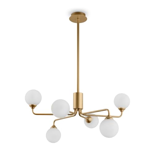 Licht-Erlebnisse Deckenleuchte Kugel Schirm Glas Metall G9 B: 65 cm in Gold matt Weiß 6-flammig Retro Design Deckenlampe Esszimmer Wohnzimmer von Licht-Erlebnisse
