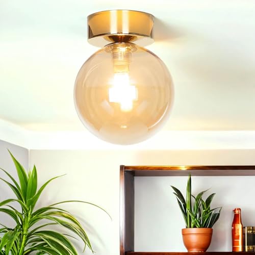 Licht-Erlebnisse Deckenleuchte klein rund Ø 12 cm H: 15 cm Rauchglas Metall in Bernstein Gold G9 Modern Deckenlampe Wohnzimmer Flur Beleuchtung von Licht-Erlebnisse