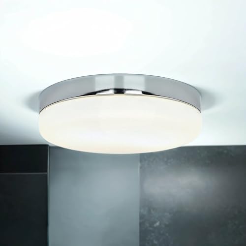 Licht-Erlebnisse Deckenleuchte mit Bewegungsmelder rund Ø32cm Chrom Weiß Glasschirm blendarm MONI Badezimmerlampe von Licht-Erlebnisse