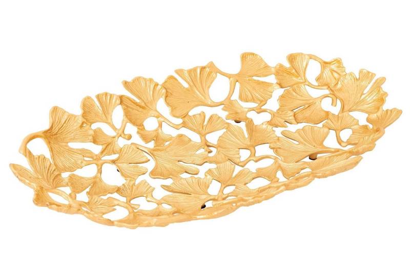 Licht-Erlebnisse Dekoschale DANIEL, Gold Handarbeit 40 cm lang Ginko Blatt Design Asiatisch Metall Schale von Licht-Erlebnisse