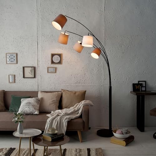 Licht-Erlebnisse Stehleuchte Design LEVELS mit farbigen Stoff Schirmen 5-flammig E14 Schalter für Schlafzimmer Wohnzimmer Stehlampe Innen Bogenlampe Standleuchte von Licht-Erlebnisse