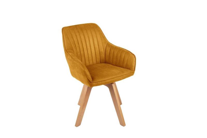 Licht-Erlebnisse Drehstuhl LIVORNO, Retro Design aus Samt Holz in Gelb Natur Armlehnstuhl von Licht-Erlebnisse
