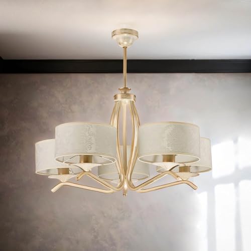 Licht-Erlebnisse Elegante Deckenlampe Shabby Gold Weiß Stoffschirm Ø66cm Esszimmer Wohnzimmer Deckenleuchte DAGNO von Licht-Erlebnisse