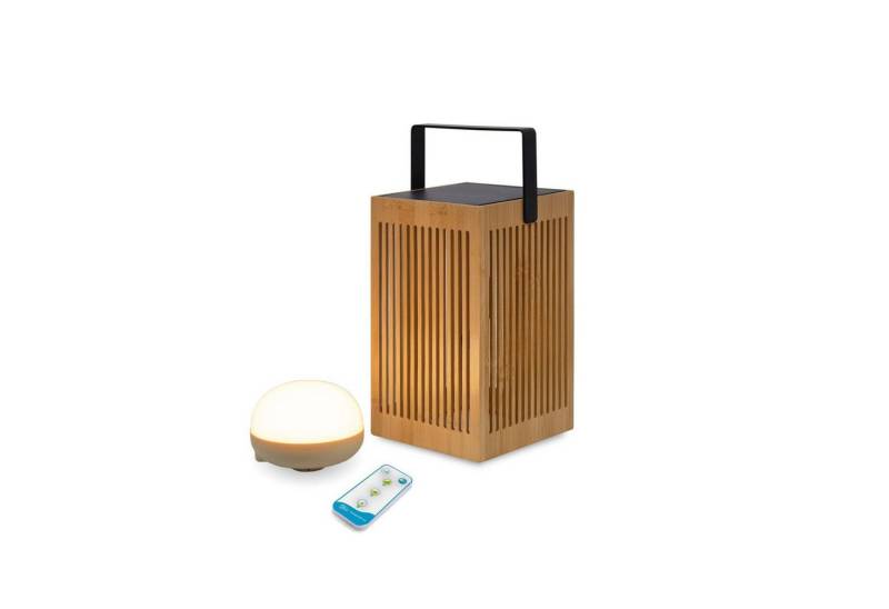 Licht-Erlebnisse Gartenleuchte YOKKA, LED fest integriert, Warmweiß, LED tragbar kabellos aus Holz Metall IP54 24 cm Fernbedienung Dimmer von Licht-Erlebnisse