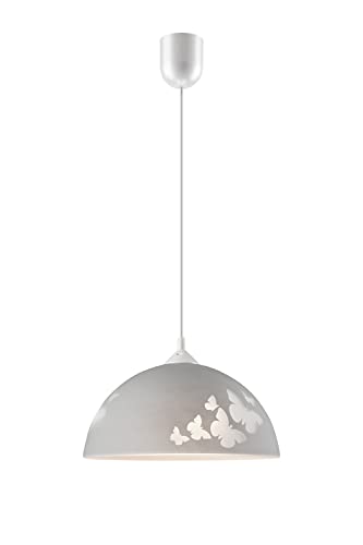 Licht-Erlebnisse Graue Hängelampe ADANIA runder Glas Schirm mit Schmetterling Motiv Ø30cm satiniert E27 Küchenlampe von Licht-Erlebnisse