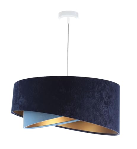 Licht-Erlebnisse Hängelampe Blau Gold E27 rund Ø 50 cm Stoff Velours Optik Doppelschirm Modern Pendelleuchte Wohnzimmer Hängeleuchte Esszimmer von Licht-Erlebnisse