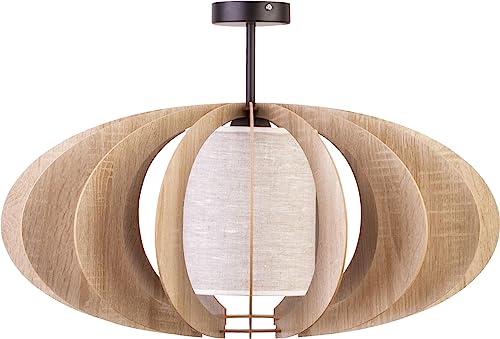 Deckenleuchte Esstisch TARIRO Holz Eiche Beige Stoff dekoratives Licht E27 Ø44cm runde Deckenlampe Wohnzimmer von Licht-Erlebnisse