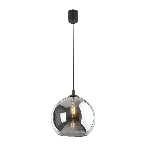 Licht-Erlebnisse Hängelampe Glas Kugel Ø 30 cm H: max. 115 cm Schwarz Graphit verspiegelt E27 Retro Rauchglas Hängeleuchte Esszimmer Küche Wohnzimmer von Licht-Erlebnisse