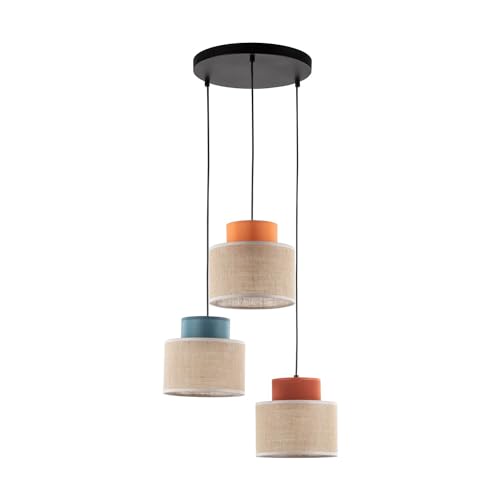 Licht-Erlebnisse Hängelampe Jute Stoff E27 H: max. 110 cm verstellbar Bunt 3-flammig Retro Hängeleuchte Wohnzimmer Pendelleuchte Esstisch von Licht-Erlebnisse