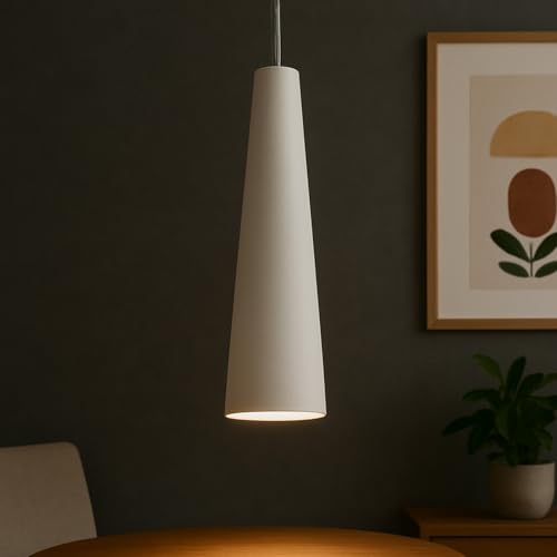 Licht-Erlebnisse Hängelampe Weiß Keramik Ø 7,5 cm schmal konisch elegant bemalbar GU10 Pendelleuchte Esszimmer Wohnzimmer von Licht-Erlebnisse