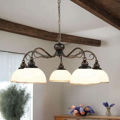 Licht-Erlebnisse Hängelampe aus Metall Glasschirme in Shabby braun antik 5x E27 bis 60W für Esszimmer Wohnzimmer Schlafzimmer Pendelleuchte Hängeleuchte Leuchter von Licht-Erlebnisse