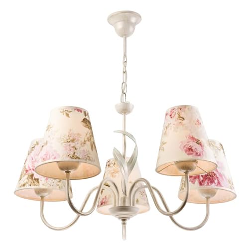 Licht-Erlebnisse Hängeleuchte 5-flammig Floral Metall Stoff in Shabby-Weiß Blumen 5xE27 D:57cm Landhaus Schlafzimmer Wohnzimmer Kronleuchter Hängelampe Pendelleuchte von Licht-Erlebnisse