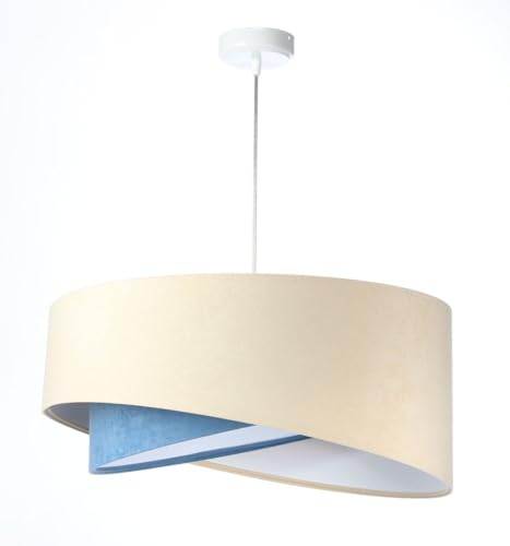 Licht-Erlebnisse Hängeleuchte Creme Blau Weiß E27 rund Ø 50 cm Stoff Velours Optik Doppelschirm Modern Pendelleuchte Schlafzimmer Hängelampe Wohnzimmer von Licht-Erlebnisse