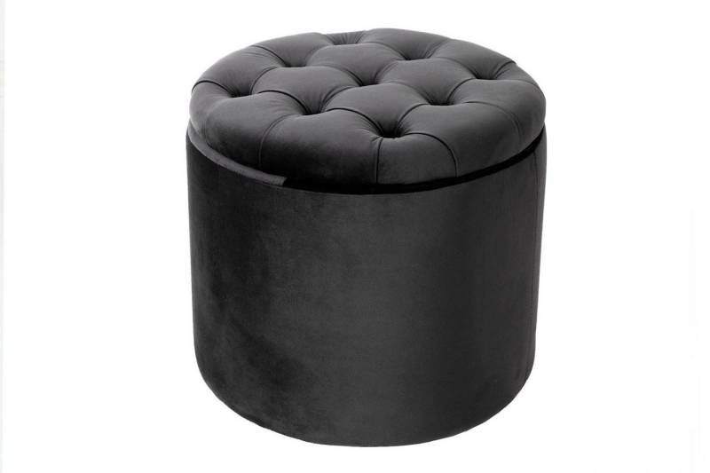 Licht-Erlebnisse Hocker LAURA, mit Stauraum Dunkelgrau Ø 50cm H: 43cm Samt Metall Chesterfield Pouf von Licht-Erlebnisse