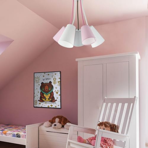 Licht-Erlebnisse Deckenleuchte WIRE verstellbar fürs Kinderzimmer Metall & Stoff in grau weiß pink 5x E27 D:70cm Kinder Flexarm Deckenlampe Innen von Licht-Erlebnisse