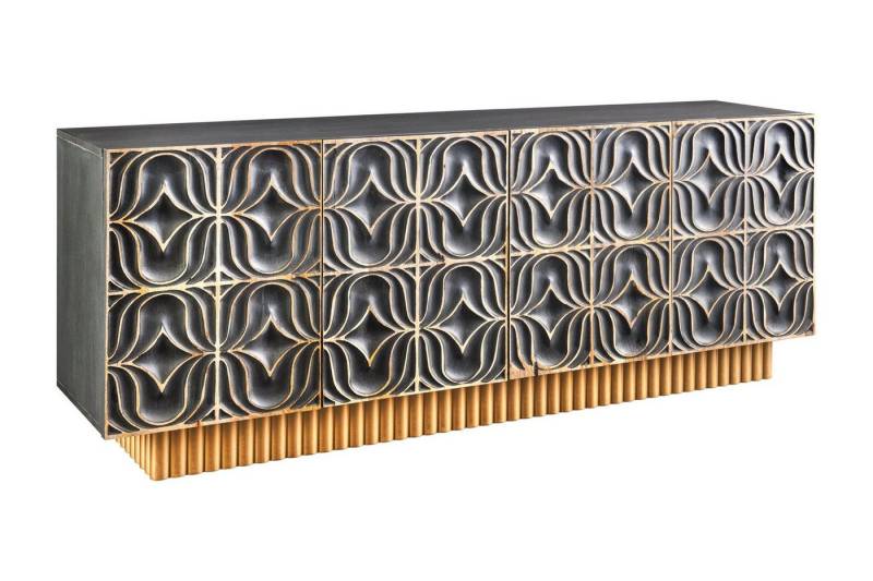 Licht-Erlebnisse Kommode OBETH, Handarbeit 177 cm breit 3D-Ornamente Mangoholz MDF Grau Gold Blau von Licht-Erlebnisse