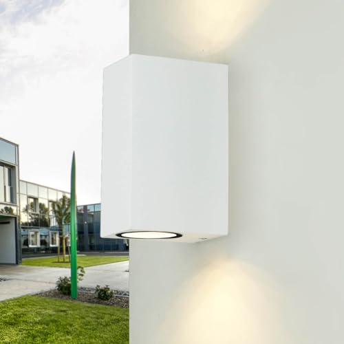 Strahler Hauswand Aussen, Aussenlampe Wand, Up Down Leuchte, Weiß, Wandleuchte Aussen, Terrasse, Balkon, H:15,5 cm, IP44, wetterfest, 2-flammig, Außenbeleuchtung von Licht-Erlebnisse