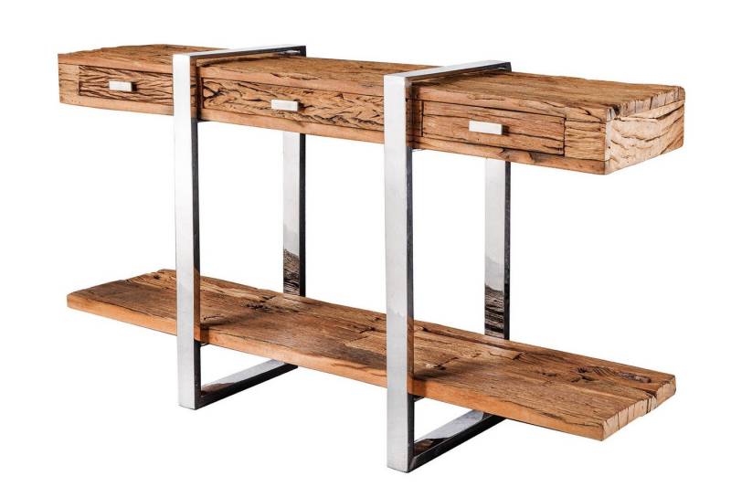 Licht-Erlebnisse Konsolentisch KOFI, mit Schublade Teakholz Edelstahl in Braun Chrom 140x81x41 cm (BxHxT) von Licht-Erlebnisse