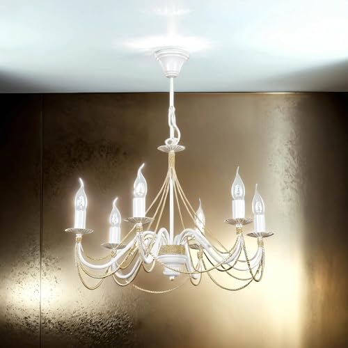 Kronleuchter MARIA Weiß Gold antik 6-flammig Rustikal Für Esstisch Wohnzimmer Schlafzimmer Lampe von Licht-Erlebnisse