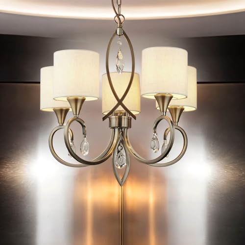 Licht-Erlebnisse Kronleuchter Messing Antik Natur Ø 52 cm 5-flammig E14 Stoff Metall Klassisch Hängelampe Wohnzimmer Hängeleuchte Esszimmer von Licht-Erlebnisse