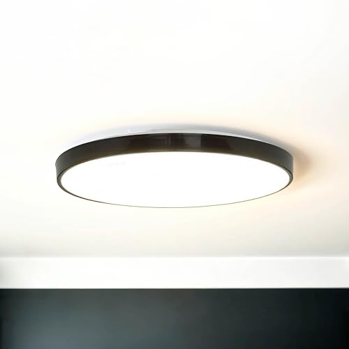 LED Deckenlampe Kunststoff Schwarz Weiß IP44 Bad Ø27 cm 4000 K 1300 lm neutralweiß blendarm rund flach Deckenleuchte Badezimmer JONAS von Licht-Erlebnisse