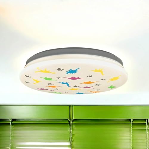 Licht-Erlebnisse LED Deckenleuchte Kinderzimmer IP44 Weiß Bunt Ø 33,5 cm 4000 K 1300 lm neutralweiß Dinosaurier Kinderzimmerlampe Decke von Licht-Erlebnisse