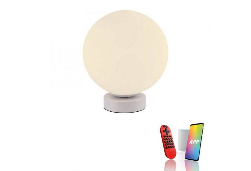 Licht-Erlebnisse Nachttischlampe MARDIS, LED fest integriert, Glas LED dimmbar D: 20 cm rund cm Weiß Kugel Schirm 810 lm Modern von Licht-Erlebnisse