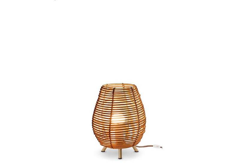 Licht-Erlebnisse Nachttischlampe TOKI, ohne Leuchtmittel, Rattan E27 32,5 cm hoch Dreibein in Natur Boho Modern Stecker Kabel von Licht-Erlebnisse