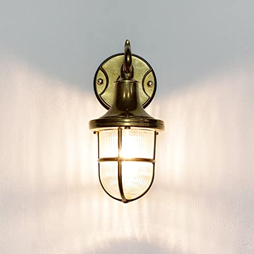 Licht-Erlebnisse Outdoor Wandlampe aus Messing Glas IP64 Terrasse Haustür H:25 cm E27 Maritim Rustikale Wandaußenleuchte Garten SANTORIN von Licht-Erlebnisse