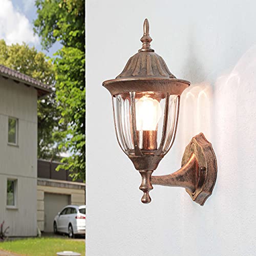 Licht-Erlebnisse Outdoor Wandleuchte Glas Aluminium in Kupfer Antik IP44 Balkon Terrasse B:16,5 cm E27 Laterne nostalgische Außenlampe Rustikal MILANO von Licht-Erlebnisse