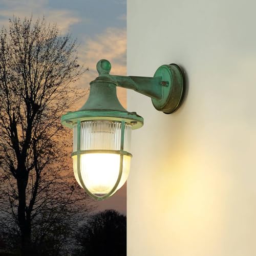 Außenlampe Messing, Wandleuchte Außen E27, Maritim Lampe Antik Grün, Riffelglas, T:22 cm, IP64, Laterne, Terrasse, Balkon, Rustikal, Outdoor Wandleuchte Außenlampe Messing, Wandleuchte Außen E27, Maritim Lampe Antik Grün, Riffelglas, T:22 cm, IP64, Laterne, Terrasse, Balkon, Rustikal, Outdoor Wandleuchte von Licht-Erlebnisse