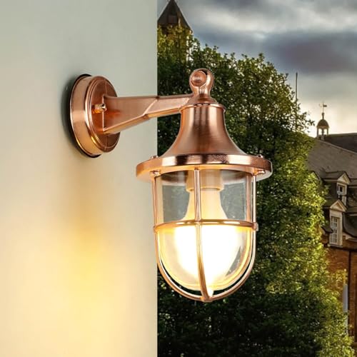 Licht-Erlebnisse Outdoor Wandleuchte Messing Glas in Kupfer IP64 Hof Haus H:27 cm E27 max. 20 W Laterne Maritim nostalgische Wandlampe Garten SANTORIN von Licht-Erlebnisse