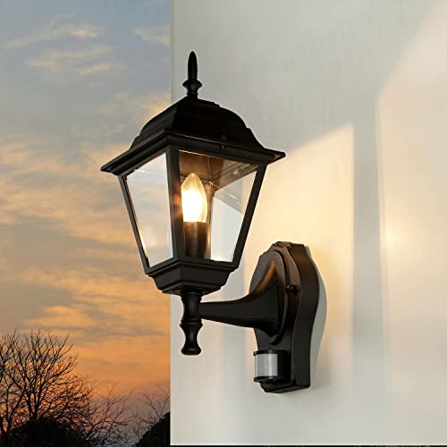 Licht-Erlebnisse Outdoor Wandleuchte mit Bewegungsmelder Aluminium Glas Schwarz IP44 Garten H:37,5 cm E27 Laterne Wandlampe Hauswand TIROL von Licht-Erlebnisse