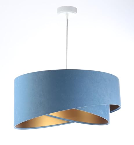 Licht-Erlebnisse Pendelleuchte Blau Gold E27 rund D: 50 cm Stoff Velours Optik Doppelschirm Modern Hängeleuchte Wohnzimmer Hängelampe Schlafzimmer von Licht-Erlebnisse