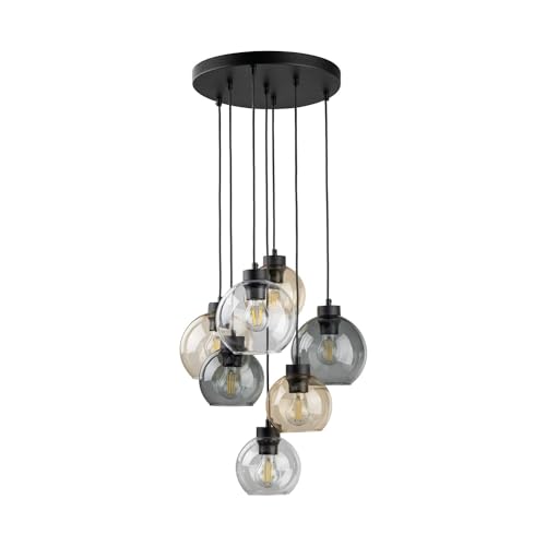 Licht-Erlebnisse Pendelleuchte Rauchglas Metall H: max. 140 cm verstellbar Schwarz Bernstein Grau E27 7-flammig Kugelschirm Modern Hängelampe Esszimmer von Licht-Erlebnisse