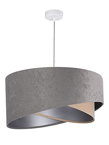 Licht-Erlebnisse Pendelleuchte Stoff Lampenschirm Grau Beige Velours Optik innen in Silber Ø50cm Schlafzimmer Hängelampe von Licht-Erlebnisse