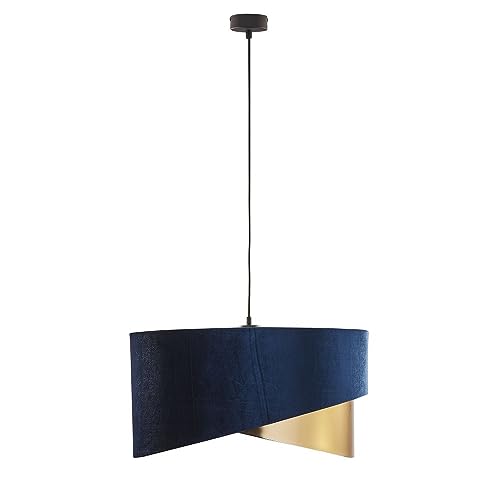 Licht-Erlebnisse Pendelleuchte Stoff Schirm Ø 50 cm H: max. 170 cm verstellbar Blau Gold Samt Optik für E27 Modern Hängelampe Wohnzimmer Esszimmer Schlafzimmer von Licht-Erlebnisse