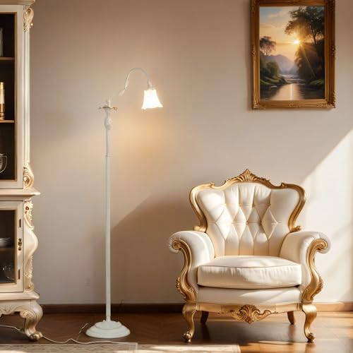 Licht-Erlebnisse Premium Stehleuchte Shabby Chic Elfenbeinfarben Floraler Stil E14 bis 40W 230V Glas milchig Stehleuchte mit Lesearm Wohnzimmer Lampe Leuchte innen Bodenleuchte Bodenlampe von Licht-Erlebnisse