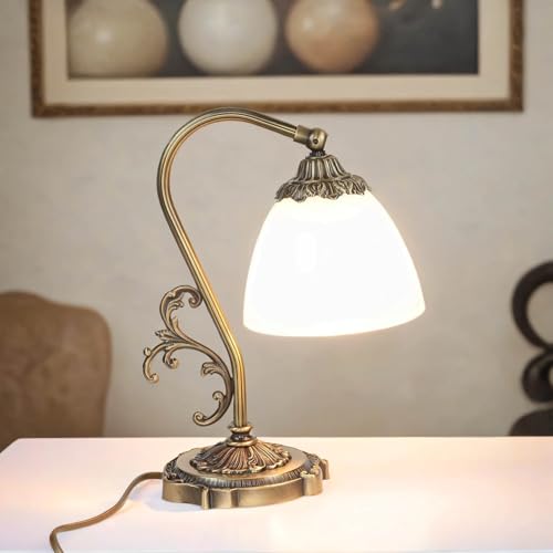 Licht-Erlebnisse Premium Tischleuchte Echt-Messing Glas in Bronze Weiß Wohnzimmer 30 cm E14 blendarm Jugendstil Nachttischlampe Schlafzimmer BEATRICE von Licht-Erlebnisse