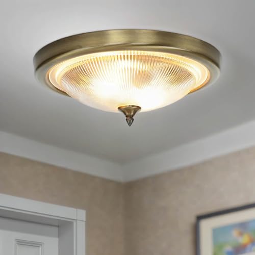 Licht-Erlebnisse Runde Deckenlampe ELENI Riffelglas Ø38cm in Messing antik E27 Schlafzimmer Wohnzimmer Deckenleuchte von Licht-Erlebnisse