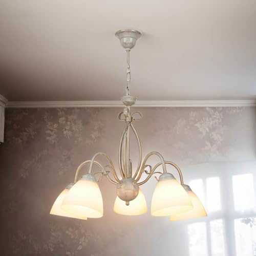 Licht-Erlebnisse Rustikale Hängelampe LIRLIN Shabby Weiß Metall Glas 5-flammig E27 Pendelleuchte Esstisch Wohnzimmer von Licht-Erlebnisse