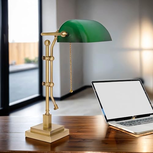 Licht-Erlebnisse Schreibtischlampe Zugschalter Grün Bronze hell 49 cm hoch schwenkbar aus Messing Glas Jugendstil E27 Bankerlampe Tischleuchte Arbeitszimmer von Licht-Erlebnisse