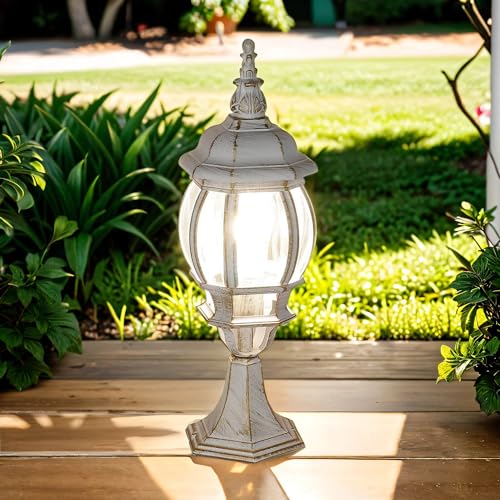 Licht-Erlebnisse Sockelleuchte Aluminium Glas in Weiß Gold IP44 Terrasse Balkon H:50,5 cm E27 Laterne klein Rustikale Landhaus Stehlampe Außen BREST von Licht-Erlebnisse