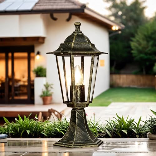 Licht-Erlebnisse Sockelleuchte Glas Aluminium in Gold Antik IP44 Weg Garten H:40 cm E27 Laterne Rustikal nostalgisch Außen Wegeleuchte Terrasse PARIS von Licht-Erlebnisse