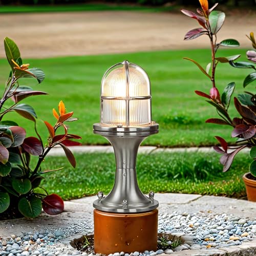 Licht-Erlebnisse Sockelleuchte Messing Glas in Nickel matt IP54 Garten Terrasse H:25 cm E27 Rustikal Maritime Outdoor Wegeleuchte Außen SANTORIN von Licht-Erlebnisse