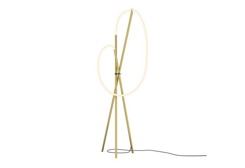 Licht-Erlebnisse Stehlampe GIRA, LED fest integriert, Warmweiß, LED Dimmer Aluminium 162 cm hoch Tripod in Messing Weiß 2500 lm von Licht-Erlebnisse