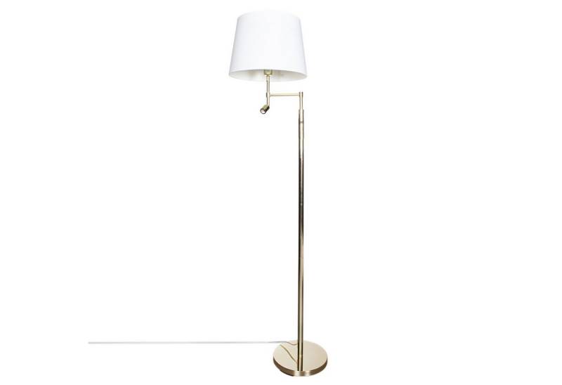 Licht-Erlebnisse Stehlampe LEIF, ohne Leuchtmittel, Warmweiß, mit Leselampe 157 cm E27 + LED 3000 K in Messing Weiß Metall Stoff von Licht-Erlebnisse