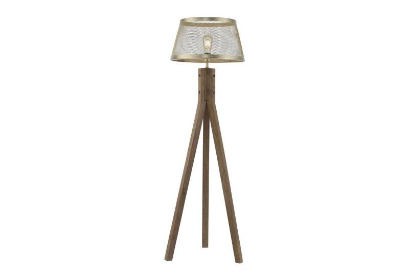 Licht-Erlebnisse Stehlampe TAVLIS, ohne Leuchtmittel, Metall Holz 145 cm Dreibein in Messing Matt E27 rund Vintage Design von Licht-Erlebnisse