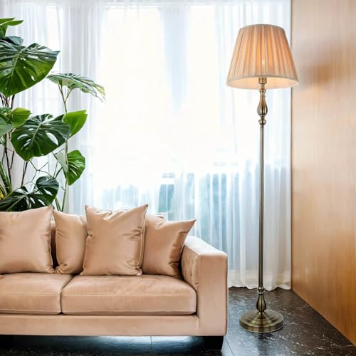 Stehlampe Wohnzimmer 164 cm hoch E27 in Messing Antik Braun aus Stoff Metall Klassisch Stehleuchte Bodenleuchte FLEMISH von Licht-Erlebnisse